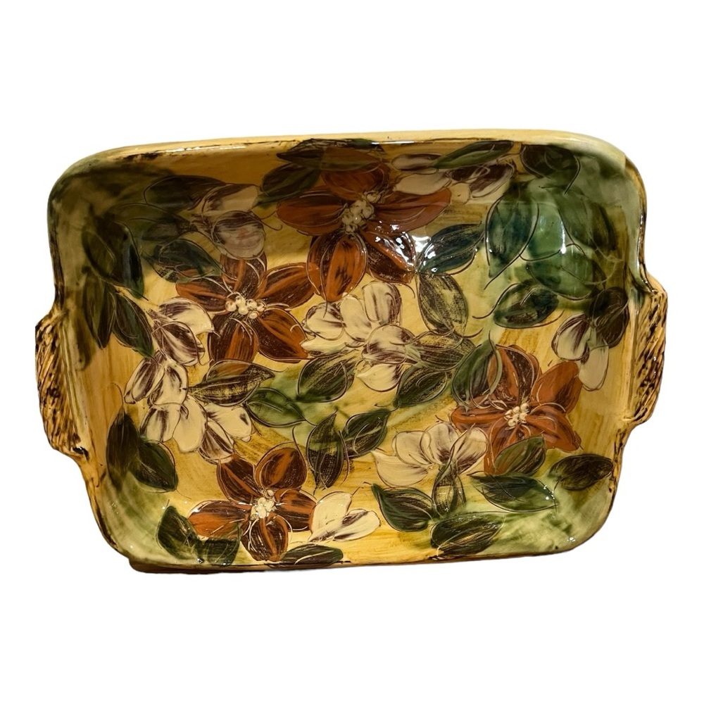Terracotta pottery hand painted embossed serving tray fall flowers signed